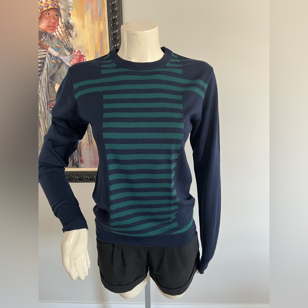 Valentino Navy Crewneck Sweater with Teal Stripes – No Size Tag (Fits XS–S) - Picture 2 of 12